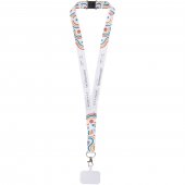 Addie sublimaatiopainettu RPET-kaulanauha puhelinpidikkeellä ja turvalukolla Musta Valkoinen