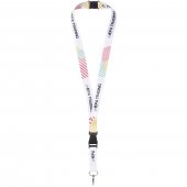 Balta sublimaatiopainettu kaulanauha turvalukolla ja muovisoljella Musta Valkoinen