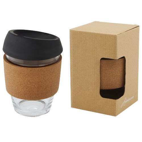 Lidan 360 ml:n lasinen kahvimuki borosilikaatista, korkkigrippi ja silikonikansi Musta, hinta 7,50€